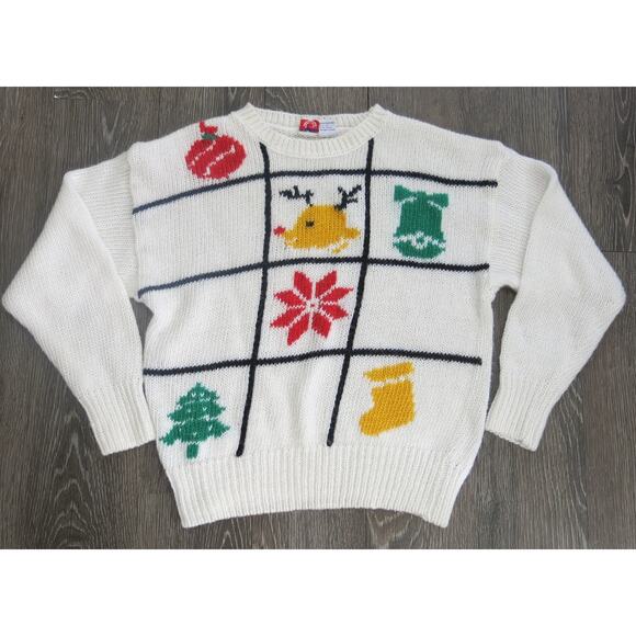 Vintage GEARING UP Ugly Christmas Sweater Size L Women Chunky Knit White Multi - Picture 1 of 8